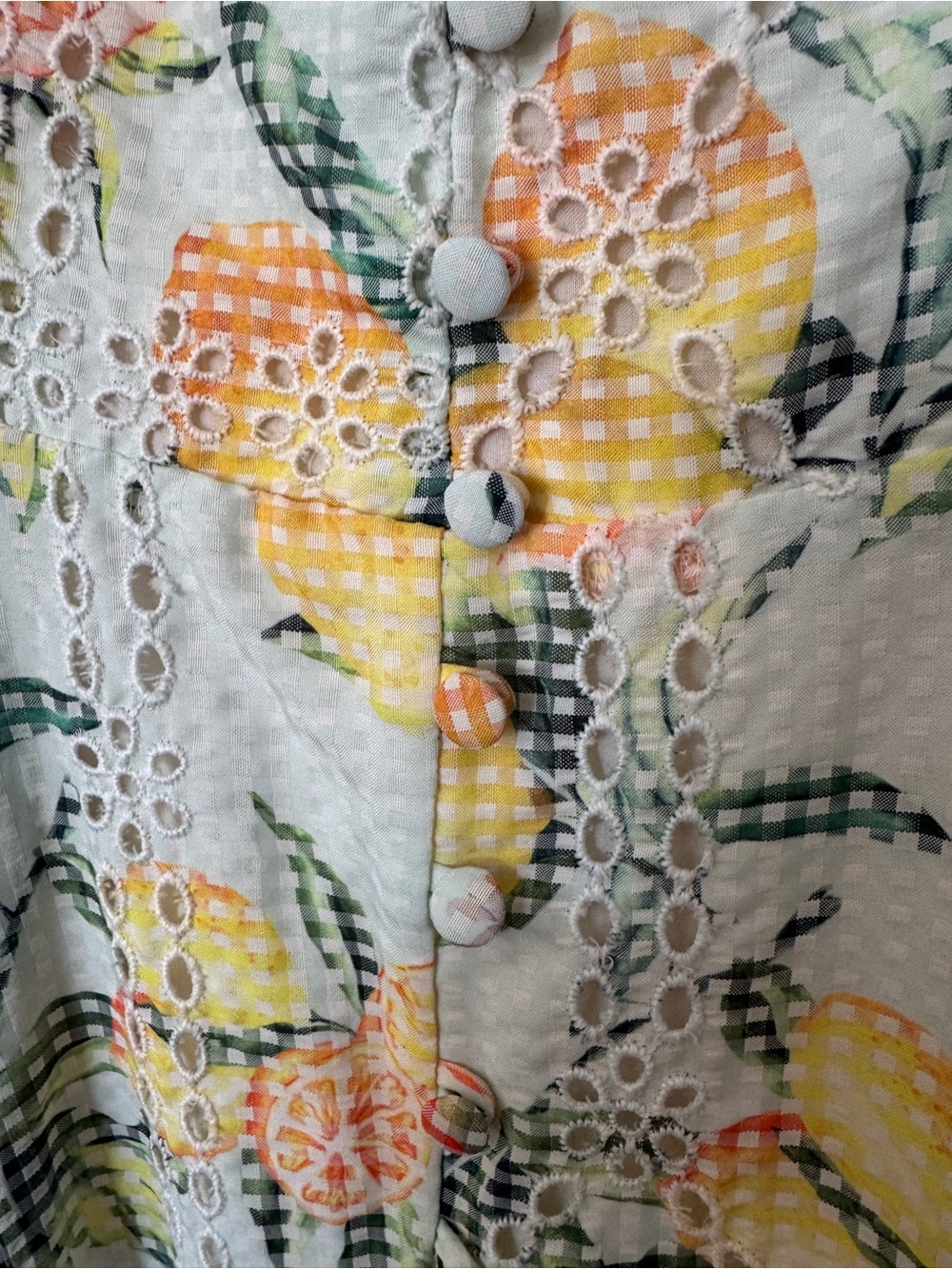 Sunny Lemon and Orange Print Eyelet sleeveless lined Midi Dress - Picture 5 of 14